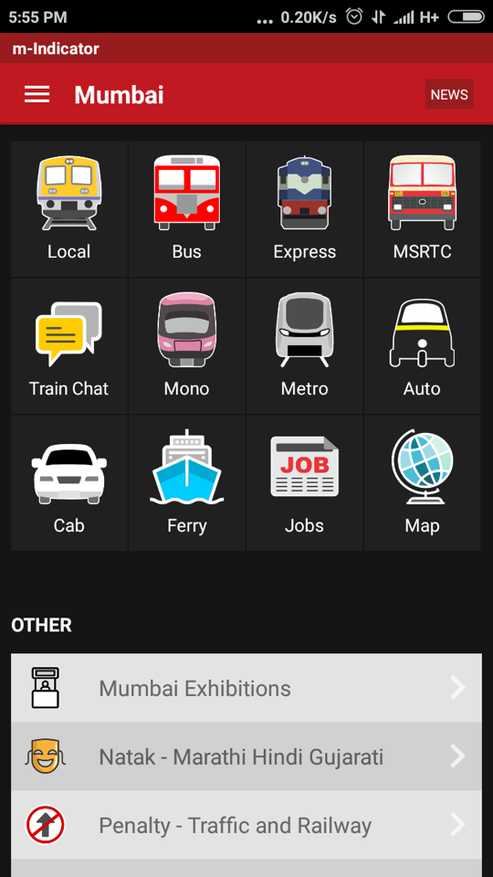 m-Indicator home screen with Local, Bus, Express, Metro and other modules