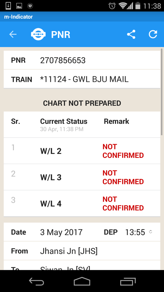 PNR status screen showing waitlist position