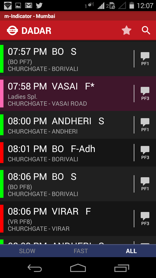 Dadar station timetable listing slow and fast locals with platform numbers